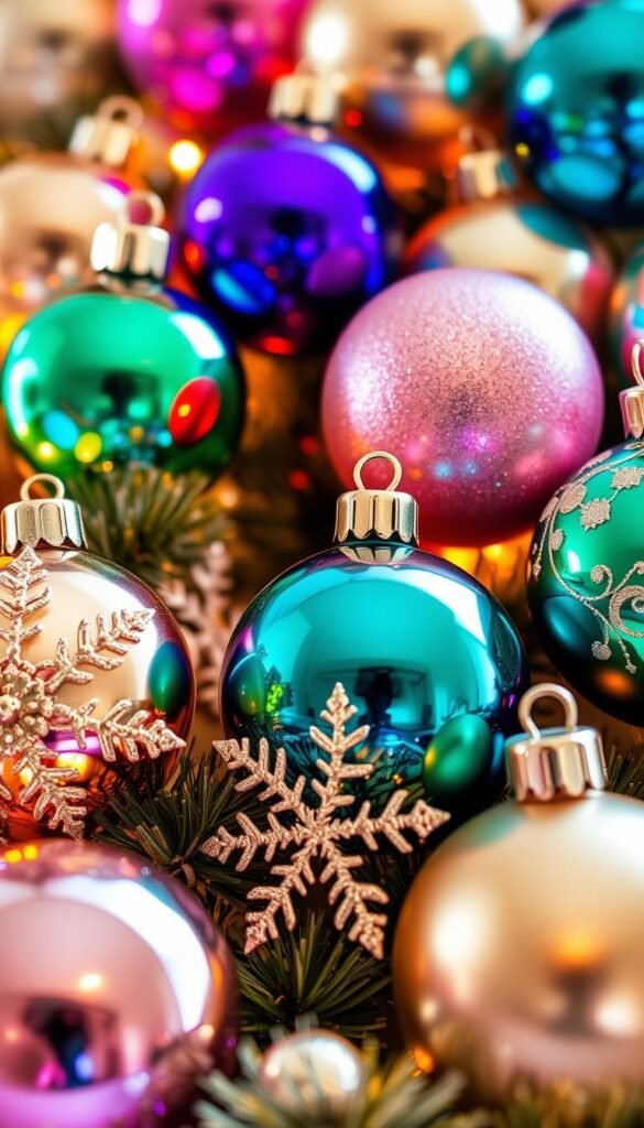 A collection of captivating Christmas tree ornaments arranged in a harmonious display. Shimmering glass globes in an array of jewel-toned hues catch the warm, diffused light, casting a soft glow. Elegant metallic accents, such as delicate snowflakes and sleek geometric shapes, add a touch of sophistication. The ornaments are carefully placed to create a visually balanced and cohesive composition, highlighting their intricate details and reflecting the festive ambiance. The scene is captured with a shallow depth of field, placing the ornaments in sharp focus while the background gently blurs, emphasizing their prominence. This image evokes a sense of holiday cheer and inspires ideas for curating a visually striking Christmas tree display. A collection of captivating Christmas tree ornaments arranged in a harmonious display. Shimmering glass globes in an array of jewel-toned hues catch the warm, diffused light, casting a soft glow. Elegant metallic accents, such as delicate snowflakes and sleek geometric shapes, add a touch of sophistication. The ornaments are carefully placed to create a visually balanced and cohesive composition, highlighting their intricate details and reflecting the festive ambiance. The scene is captured with a shallow depth of field, placing the ornaments in sharp focus while the background gently blurs, emphasizing their prominence. This image evokes a sense of holiday cheer and inspires ideas for curating a visually striking Christmas tree display.