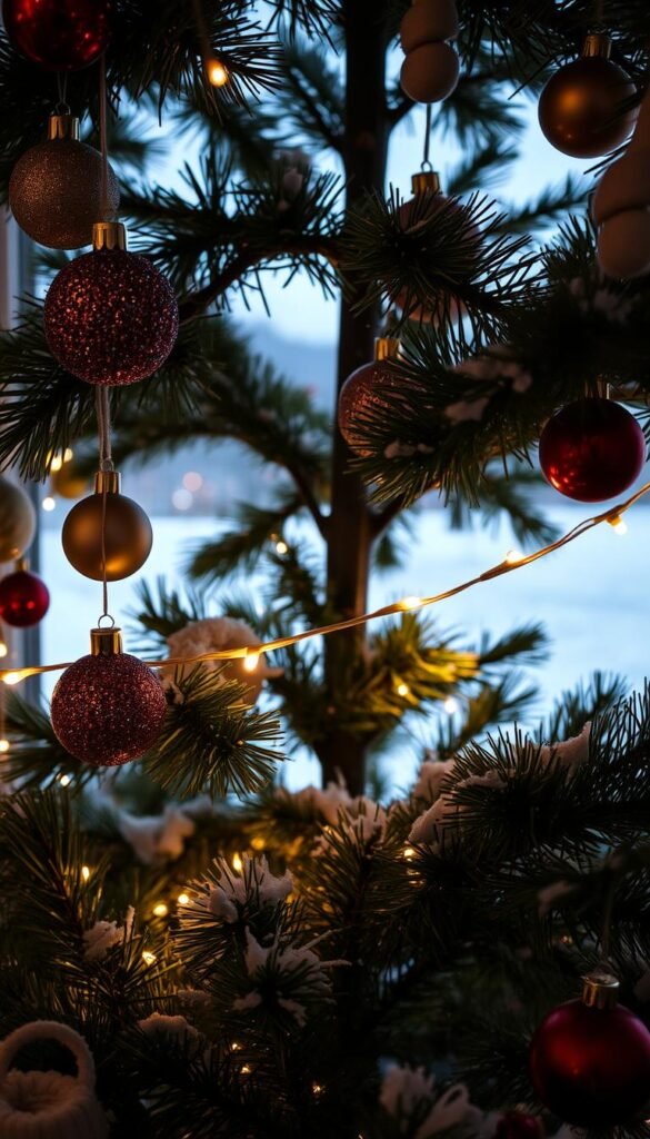 A cozy Christmas tree adorned with an array of festive decorations. In the foreground, a collection of colorful ornaments, some shimmering with glitter, others in classic red and green hues, hang from the branches. In the middle ground, a string of twinkling lights wraps around the tree, casting a warm, inviting glow. The background features a snow-covered landscape, with a soft, hazy light filtering through the window, creating a serene and peaceful atmosphere. The overall scene evokes a sense of holiday cheer and invites the viewer to imagine curling up by the tree with a mug of hot cocoa. A cozy Christmas tree adorned with an array of festive decorations. In the foreground, a collection of colorful ornaments, some shimmering with glitter, others in classic red and green hues, hang from the branches. In the middle ground, a string of twinkling lights wraps around the tree, casting a warm, inviting glow. The background features a snow-covered landscape, with a soft, hazy light filtering through the window, creating a serene and peaceful atmosphere. The overall scene evokes a sense of holiday cheer and invites the viewer to imagine curling up by the tree with a mug of hot cocoa.