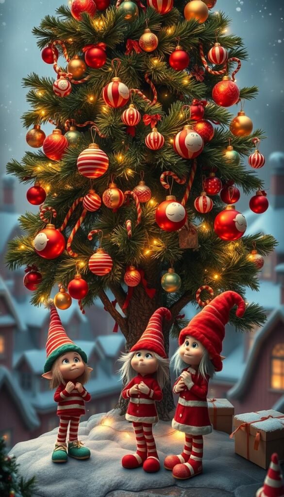 A cozy Whoville Christmas tree stands tall, its branches adorned with whimsical ornaments in vibrant hues of red, green, and gold. Delicate garlands of candy canes and twisted ribbons drape elegantly, while clusters of large, round baubles in the shape of Whos' heads add a playful touch. Twinkling string lights cast a warm, inviting glow, illuminating the tree's eccentric decorations that seem to dance and sway. In the foreground, a trio of mischievous Whos, clad in their signature striped stockings and oversized shoes, admire their handiwork, their faces filled with childlike wonder. The scene is framed by a backdrop of snow-capped rooftops and the signature curving architecture of Whoville, creating a whimsical, storybook-like atmosphere.