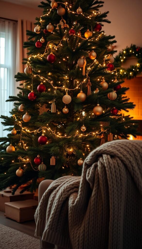 A cozy and inviting Christmas tree stands in the center of a warm, softly lit living room. Garlands of twinkle lights wind around the verdant branches, casting a gentle glow. Ornaments in muted tones of red, green, and gold hang delicately, reflecting the firelight flickering in the background. A plush, oversized knit throw drapes over a nearby armchair, creating a welcoming, hygge-inspired atmosphere. The scene is captured through a wide-angle lens, highlighting the tree's majestic presence and the room's cozy details. The overall mood is one of holiday comfort and tradition. A cozy and inviting Christmas tree stands in the center of a warm, softly lit living room. Garlands of twinkle lights wind around the verdant branches, casting a gentle glow. Ornaments in muted tones of red, green, and gold hang delicately, reflecting the firelight flickering in the background. A plush, oversized knit throw drapes over a nearby armchair, creating a welcoming, hygge-inspired atmosphere. The scene is captured through a wide-angle lens, highlighting the tree's majestic presence and the room's cozy details. The overall mood is one of holiday comfort and tradition.