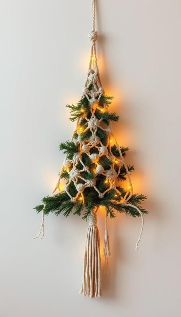 A cozy, meticulously crafted macramé Christmas tree wall hanging, adorned with delicate patterns and natural textures. The tree's intricate knotwork forms a lush, verdant silhouette, complemented by warm, golden lighting that casts a soft, inviting glow. Wispy tassels and flowing macramé elements cascade gracefully, creating a sense of movement and festive whimsy. The tree is positioned against a minimalist, neutral background, allowing its stunning craftsmanship to take center stage. The overall scene evokes a serene, rustic, and distinctly homemade charm, perfectly capturing the essence of a handmade macramé Christmas decor piece. A cozy, meticulously crafted macramé Christmas tree wall hanging, adorned with delicate patterns and natural textures. The tree's intricate knotwork forms a lush, verdant silhouette, complemented by warm, golden lighting that casts a soft, inviting glow. Wispy tassels and flowing macramé elements cascade gracefully, creating a sense of movement and festive whimsy. The tree is positioned against a minimalist, neutral background, allowing its stunning craftsmanship to take center stage. The overall scene evokes a serene, rustic, and distinctly homemade charm, perfectly capturing the essence of a handmade macramé Christmas decor piece.