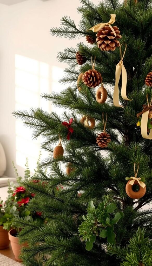 A cozy, rustic Christmas scene, with a natural, organic aesthetic. In the foreground, a lush, fragrant evergreen tree adorned with handmade ornaments crafted from natural materials - pinecones, dried flowers, and simple ribbons. Sunlight filters through the branches, casting a warm, glowing light. In the middle ground, a collection of potted plants, such as poinsettias and eucalyptus, complement the tree's earthy tones. The background features a neutral-toned, minimalist interior, with clean lines and natural textures, creating a serene, calming atmosphere. Soft, diffused lighting and a muted color palette evoke a sense of tranquility and simplicity, capturing the essence of a natural, harmonious Christmas celebration. A cozy, rustic Christmas scene, with a natural, organic aesthetic. In the foreground, a lush, fragrant evergreen tree adorned with handmade ornaments crafted from natural materials - pinecones, dried flowers, and simple ribbons. Sunlight filters through the branches, casting a warm, glowing light. In the middle ground, a collection of potted plants, such as poinsettias and eucalyptus, complement the tree's earthy tones. The background features a neutral-toned, minimalist interior, with clean lines and natural textures, creating a serene, calming atmosphere. Soft, diffused lighting and a muted color palette evoke a sense of tranquility and simplicity, capturing the essence of a natural, harmonious Christmas celebration.