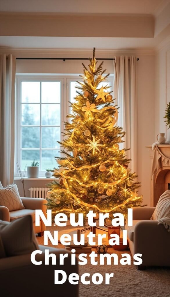 A cozy, softly lit Christmas tree in a tranquil, neutral-toned living room. The tree is adorned with warm, glowing LED lights that cast a gentle, ambient illumination throughout the space. Plush, neutral-colored furnishings surround the tree, creating a serene and inviting atmosphere. The lights are arranged in a harmonious, natural-looking pattern, accentuating the tree's organic shape. A large window in the background allows in just enough natural daylight to create a balanced, calming effect. The overall mood is one of peaceful contemplation, perfectly suited for an article on neutral Christmas decor. A cozy, softly lit Christmas tree in a tranquil, neutral-toned living room. The tree is adorned with warm, glowing LED lights that cast a gentle, ambient illumination throughout the space. Plush, neutral-colored furnishings surround the tree, creating a serene and inviting atmosphere. The lights are arranged in a harmonious, natural-looking pattern, accentuating the tree's organic shape. A large window in the background allows in just enough natural daylight to create a balanced, calming effect. The overall mood is one of peaceful contemplation, perfectly suited for an article on neutral Christmas decor.