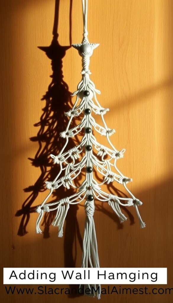 A delicate macramé Christmas tree decoration, its intricate woven patterns casting intricate shadows on a warm, rustic wooden surface. The tree is adorned with subtle metallic accents, creating a harmonious blend of natural and refined elements. Soft, directional lighting accentuates the three-dimensional textures, evoking a sense of handcrafted charm. The composition is balanced, with the decoration positioned centrally and filling the frame, allowing the viewer to appreciate the fine craftsmanship. The overall mood is one of cozy, festive elegance, perfectly suited to complement the "Adding Decorative Elements to Your Wall Hanging" section of the article. A delicate macramé Christmas tree decoration, its intricate woven patterns casting intricate shadows on a warm, rustic wooden surface. The tree is adorned with subtle metallic accents, creating a harmonious blend of natural and refined elements. Soft, directional lighting accentuates the three-dimensional textures, evoking a sense of handcrafted charm. The composition is balanced, with the decoration positioned centrally and filling the frame, allowing the viewer to appreciate the fine craftsmanship. The overall mood is one of cozy, festive elegance, perfectly suited to complement the "Adding Decorative Elements to Your Wall Hanging" section of the article.