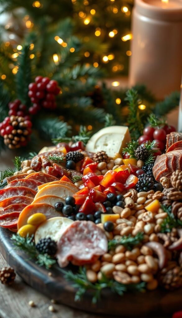A festive Christmas charcuterie board, artfully arranged with an assortment of cured meats, cheeses, pickled vegetables, dried fruits, and nuts. The board is set against a backdrop of holiday greenery, with twinkling fairy lights and a sprinkling of gold-dusted pine cones. Soft, warm lighting casts a cozy glow, highlighting the rich textures and vibrant colors of the various components. The arrangement is both visually stunning and invitingly delicious, perfectly capturing the spirit of the holiday season.
