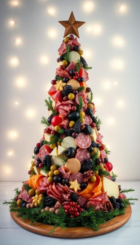 A festive Christmas tree made entirely out of charcuterie! The tree-shaped arrangement features a variety of cured meats, cheeses, olives, dried fruits, and fresh greenery. The scene is lit by the soft glow of twinkling fairy lights, casting a warm, cozy atmosphere. The camera angle is slightly elevated, capturing the full height of the tree-board against a minimalist background, allowing the delectable details to shine. The overall composition is visually striking and mouth-watering, perfectly complementing the "Make-Ahead and Storage Tips" section of the article.