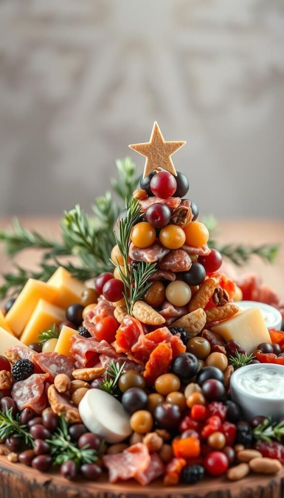A festive arrangement of Christmas tree-shaped charcuterie board ingredients, shot in a soft, warm lighting with a shallow depth of field. In the foreground, an array of cured meats, cheeses, olives, dried fruits, and nuts, artfully arranged to form the shape of a Christmas tree. The middle ground features sprigs of fresh rosemary, thyme, and sage, creating a natural, botanical backdrop. The background subtly hints at a cozy, winter setting, with a soft, blurred bokeh effect. The overall composition evokes a sense of holiday indulgence and rustic elegance.