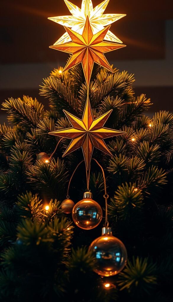 A magnificent Christmas tree top, adorned with a shimmering gold star, bathed in warm, golden lighting. The tree's lush, verdant foliage frames the centerpiece, creating a cozy, inviting atmosphere. Delicate glass ornaments dangle gracefully, reflecting the soft glow of the lights. The overall composition exudes a sense of elegance and professionalism, perfectly capturing the essence of a beautifully decorated Christmas tree. A magnificent Christmas tree top, adorned with a shimmering gold star, bathed in warm, golden lighting. The tree's lush, verdant foliage frames the centerpiece, creating a cozy, inviting atmosphere. Delicate glass ornaments dangle gracefully, reflecting the soft glow of the lights. The overall composition exudes a sense of elegance and professionalism, perfectly capturing the essence of a beautifully decorated Christmas tree.
