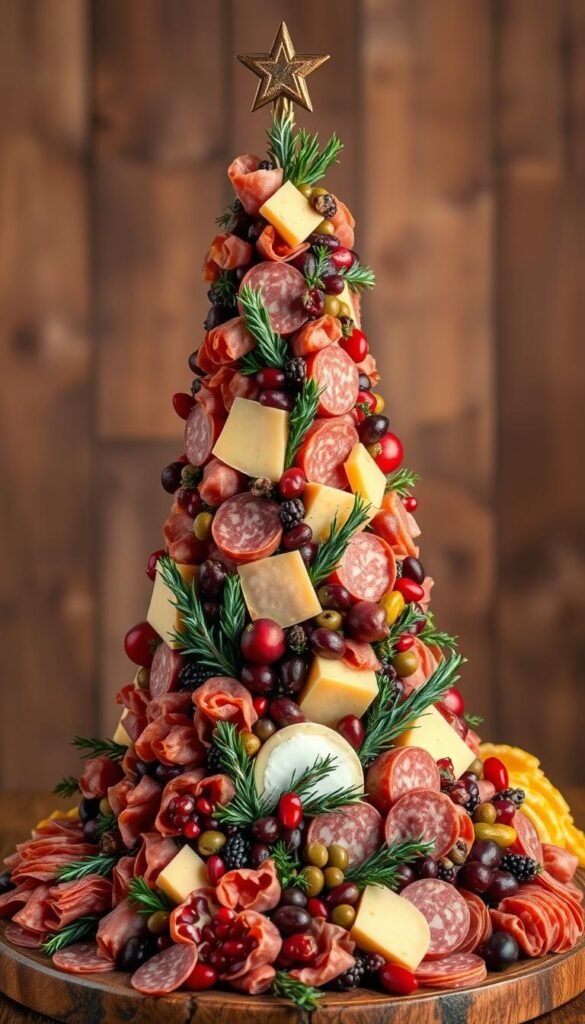 A meticulously arranged charcuterie tree stands tall, its branches adorned with an array of cured meats, cheeses, and festive garnishes. The warm, soft lighting casts a cozy glow, highlighting the rich textures and colors of the carefully curated selection. In the foreground, a variety of salami, prosciutto, and soppressata spill forth, complemented by the tangy bite of aged cheddar and creamy brie. The middle ground features fragrant rosemary sprigs, vibrant pomegranate seeds, and glistening olives, creating a harmonious balance of savory and sweet. The background is a soft, blurred expanse of rustic wood, lending an intimate, inviting atmosphere to the scene. This Christmas charcuterie tree is a delightful centerpiece, sure to captivate and delight all who behold it.