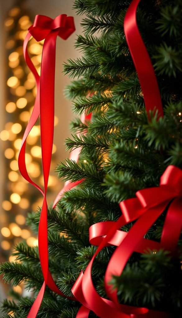 A meticulously crafted Christmas tree adorned with a captivating ribbon display. In the foreground, the ribbon cascades gracefully down the tree's lush, verdant branches, its vibrant crimson hue commanding attention. The middle ground showcases the ribbon's intricate patterns, weaving and twisting to create a mesmerizing visual symphony. In the background, the soft, warm glow of twinkling fairy lights casts a cozy, intimate ambiance, enveloping the scene in a festive, inviting atmosphere. The overall composition exudes a sense of timeless elegance and holiday cheer, perfectly capturing the essence of "Mastering the Art of Christmas Tree Ribbon". A meticulously crafted Christmas tree adorned with a captivating ribbon display. In the foreground, the ribbon cascades gracefully down the tree's lush, verdant branches, its vibrant crimson hue commanding attention. The middle ground showcases the ribbon's intricate patterns, weaving and twisting to create a mesmerizing visual symphony. In the background, the soft, warm glow of twinkling fairy lights casts a cozy, intimate ambiance, enveloping the scene in a festive, inviting atmosphere. The overall composition exudes a sense of timeless elegance and holiday cheer, perfectly capturing the essence of "Mastering the Art of Christmas Tree Ribbon".