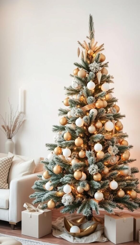 A meticulously styled modern Christmas tree, adorned with a minimal palette of elegant ornaments in a soft gold and white color scheme. The tree is set against a backdrop of sleek, minimalist home decor featuring clean lines, natural textures, and neutral tones. Soft, warm lighting casts a cozy glow, creating an inviting and visually harmonious scene. The composition emphasizes the tree's sculptural form and the carefully curated ornaments, with the surrounding decor elements providing a refined, sophisticated contrast. The overall mood is one of understated luxury and timeless, Scandinavian-inspired design. A meticulously styled modern Christmas tree, adorned with a minimal palette of elegant ornaments in a soft gold and white color scheme. The tree is set against a backdrop of sleek, minimalist home decor featuring clean lines, natural textures, and neutral tones. Soft, warm lighting casts a cozy glow, creating an inviting and visually harmonious scene. The composition emphasizes the tree's sculptural form and the carefully curated ornaments, with the surrounding decor elements providing a refined, sophisticated contrast. The overall mood is one of understated luxury and timeless, Scandinavian-inspired design.