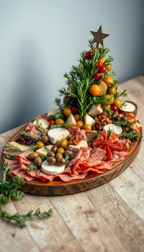 A professional-looking Christmas tree charcuterie board with lush rosemary sprigs artfully arranged on a rustic wooden surface. The board is filled with a variety of cured meats, cheeses, olives, and dried fruits, carefully curated to create a visually stunning display. Soft, diffused lighting casts a warm glow, accentuating the natural textures and colors. The scene is captured from a slightly elevated angle, allowing the viewer to appreciate the elegant, well-balanced composition. An atmosphere of cozy, holiday sophistication permeates the image, inviting the viewer to savor the flavors and ambiance of this meticulously crafted Christmas tree charcuterie board.