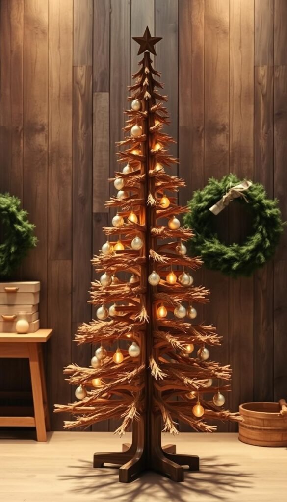 A rustic and intricately crafted wooden Christmas tree, standing tall and proud in a cozy farmhouse setting. The tree's intricate details are illuminated by warm, soft lighting, casting a gentle glow across the scene. The background features a weathered wooden wall, adding to the vintage, rustic ambiance. The tree's branches are adorned with simple yet elegant ornaments, reflecting the minimalist charm of farmhouse-inspired decor. The camera angle captures the tree from a slightly elevated perspective, emphasizing its commanding presence and the inviting atmosphere of the space. The overall mood is one of tranquility, nostalgia, and the comforting embrace of the holiday season.