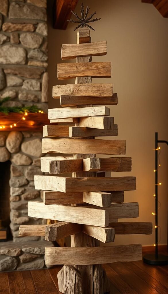 A rustic, handcrafted Christmas tree fashioned from weathered, reclaimed scrap wood planks and beams. The tree's silhouette is simple yet elegant, with irregular, asymmetrical branches that cast warm, soft shadows across the scene. Subtle distressing and knots in the wood add natural character. The tree stands tall against a backdrop of a cozy, cabin-like interior, perhaps with a stone fireplace or wooden paneled walls. Gentle, golden lighting from a string of twinkling fairy lights or a single floor lamp creates a welcoming, festive atmosphere. The overall mood is one of homespun charm and vintage farmhouse style.