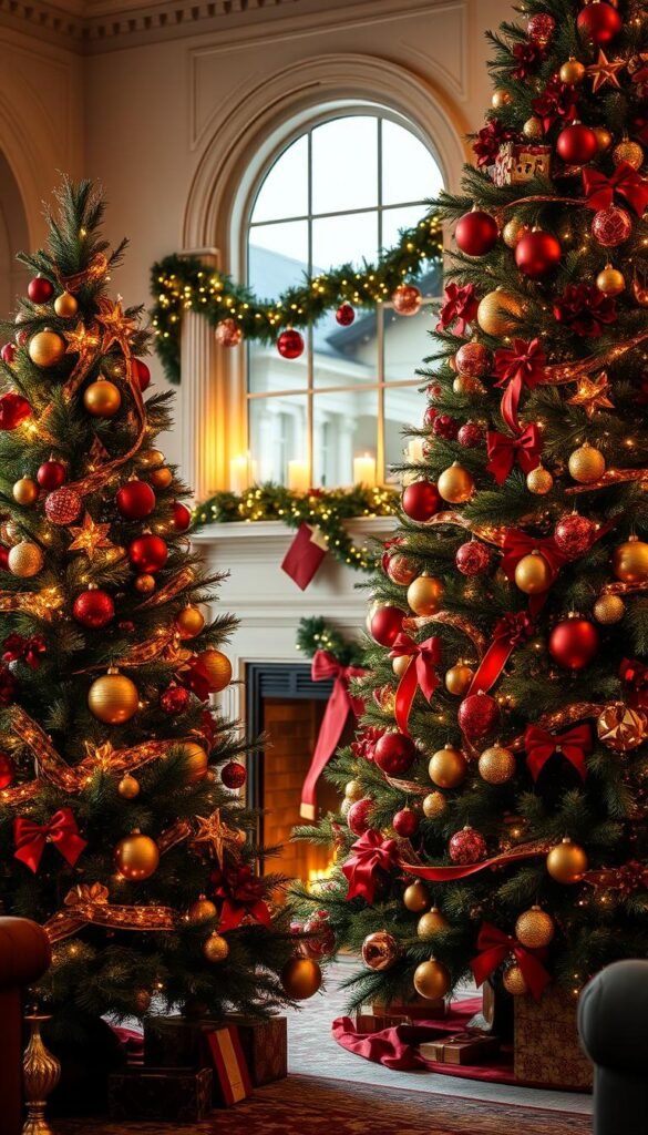 A stunningly elegant red and gold Christmas tree stands tall in a cozy, softly lit living room. Ornaments of gleaming gold and crimson sparkle like jewels, cascading from lush evergreen branches. Warm candlelight flickers, casting a romantic glow over the scene. In the background, a grand fireplace mantled with garlands and twinkling fairy lights sets the perfect holiday mood. The tree's regal presence commands attention, its timeless beauty and opulent styling embodying the festive spirit. This is a vision of Christmas grandeur, a centerpiece that evokes a sense of tradition and luxury.