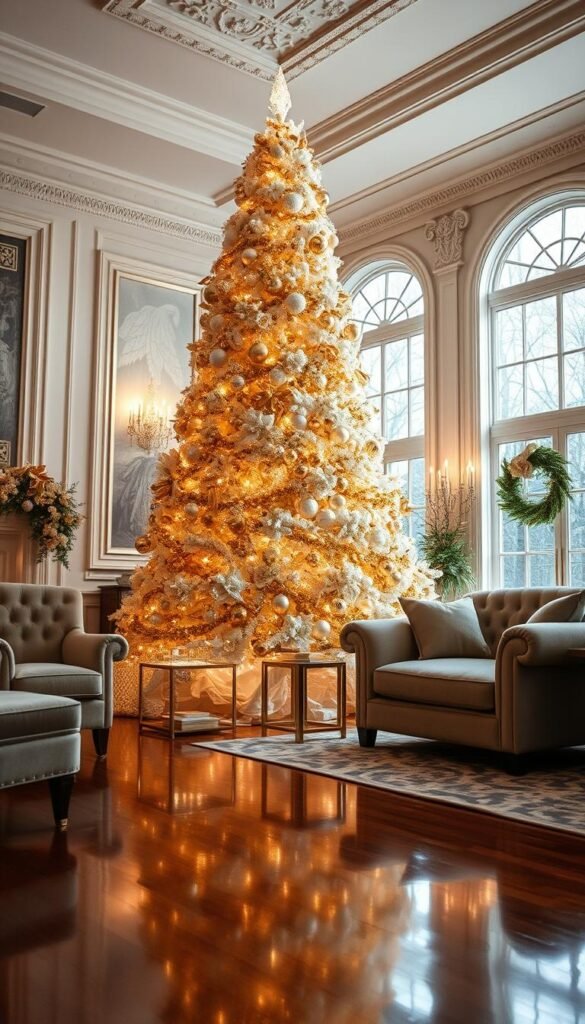 A stunningly elegant white and gold Christmas tree stands tall in a grand, ornately decorated living room. The tree is adorned with an abundance of sparkling gold ornaments, delicate gold garlands, and a shimmering gold tree topper. Soft, warm lighting casts a glowing, cozy ambiance, highlighting the tree's opulent splendor. The polished hardwood floor reflects the tree's radiance, and lush, velvet-upholstered furniture in muted tones complements the luxurious scene. Large windows allow natural light to stream in, creating a harmonious balance between the artificial and natural elements. This enchanting, high-class tableau embodies the essence of refined, sophisticated holiday decor.