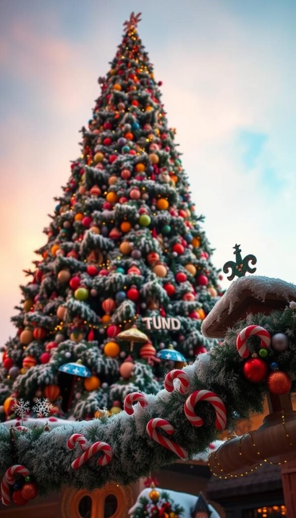 A towering, whimsical Whoville Christmas tree dominates the frame, its branches adorned with vibrant ornaments and twinkling lights. The tree stands tall against a snowy, pastel-hued backdrop, capturing the enchanting spirit of the beloved town. In the foreground, intricate details emerge - delicate snowflakes, candy cane garlands, and a playful array of quirky, oversized decorations. Warm, diffused lighting illuminates the scene, creating a sense of holiday magic and wonder. The camera angle is slightly low, emphasizing the grand scale and fantastical nature of this Whoville-inspired masterpiece.