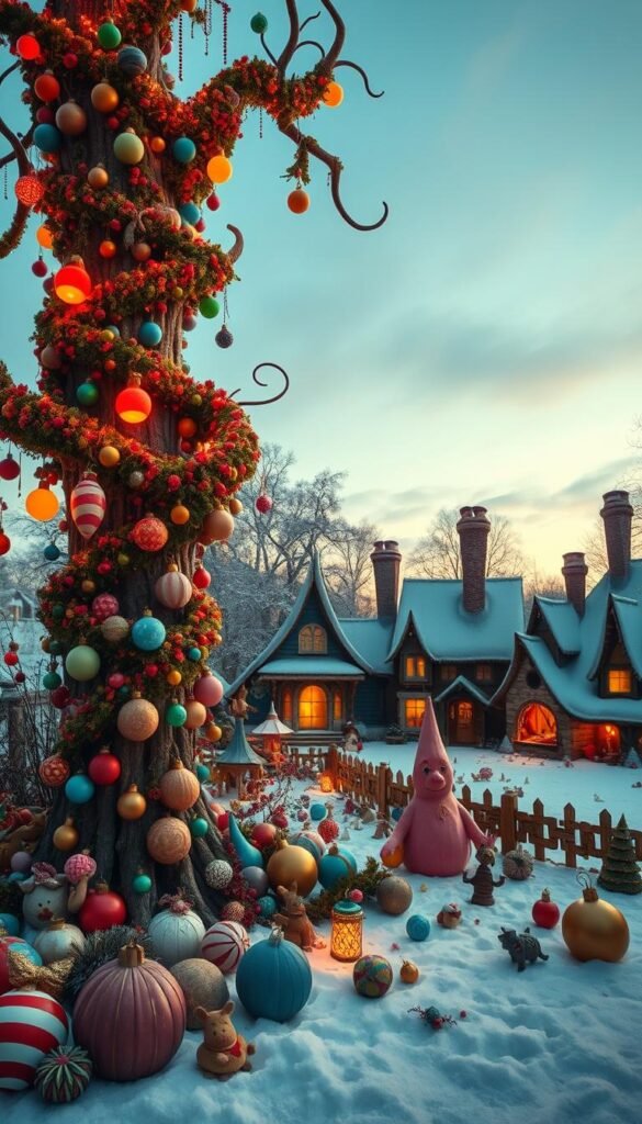 A whimsical Whoville Christmas scene, replete with fantastical decorations. In the foreground, a towering, winding tree adorned with vibrant bulbs, garlands, and baubles in a rainbow of colors. Surrounding it, an array of peculiar, oversized ornaments and trinkets scattered across the snowy ground, each with its own unique, playful character. In the middle ground, quaint Whoville homes with crooked roofs and chimneys, their windows glowing warmly against the gathering twilight. A wide-angle lens captures the sense of cozy enchantment, while soft, golden lighting imbues the scene with a magical, nostalgic atmosphere.