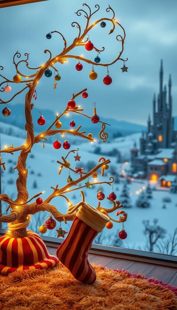 A whimsical, enchanting Whoville Christmas tree, adorned with colorful baubles, twinkling string lights, and delicate ornaments in the shape of tiny musical notes, candles, and candy canes. The tree's branches twist and turn, reaching towards the sky, as if dancing to the merry tune of a far-off choir. The scene is bathed in a warm, golden glow, casting a cozy, inviting atmosphere. In the foreground, a plush, striped rug and a pair of oversized, striped stockings add to the festive charm. In the background, a snow-covered landscape with rolling hills and towering, abstract buildings in the distinct Whoville style creates a sense of depth and wonder.