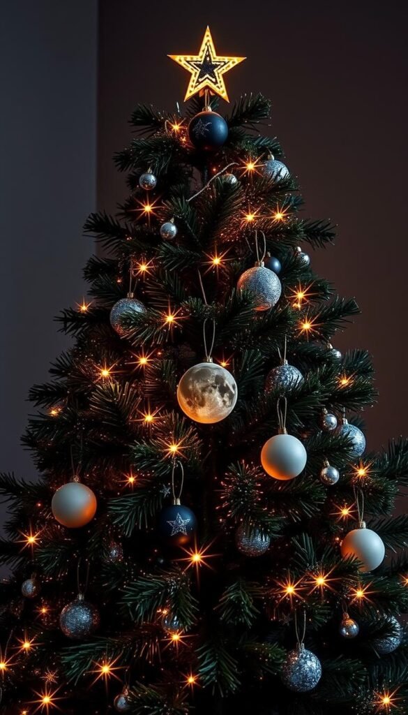 Create an image of a Christmas tree decorated with celestial elements like stars, moons, and cosmic dust. Create an image of a Christmas tree decorated with celestial elements like stars, moons, and cosmic dust.