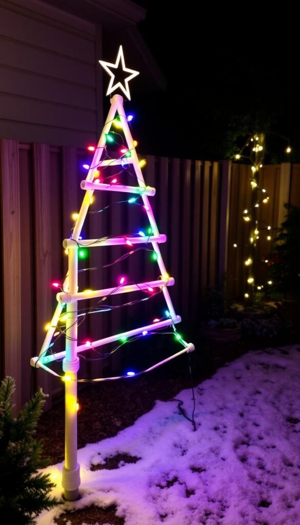 Create an image of a PVC pipe Christmas tree adorned with string lights in a backyard setting. Create an image of a PVC pipe Christmas tree adorned with string lights in a backyard setting.