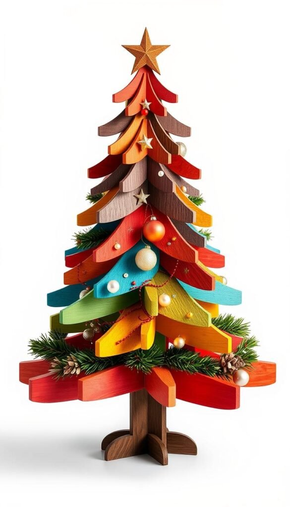Create an image of a painted DIY wooden Christmas tree with various color schemes.