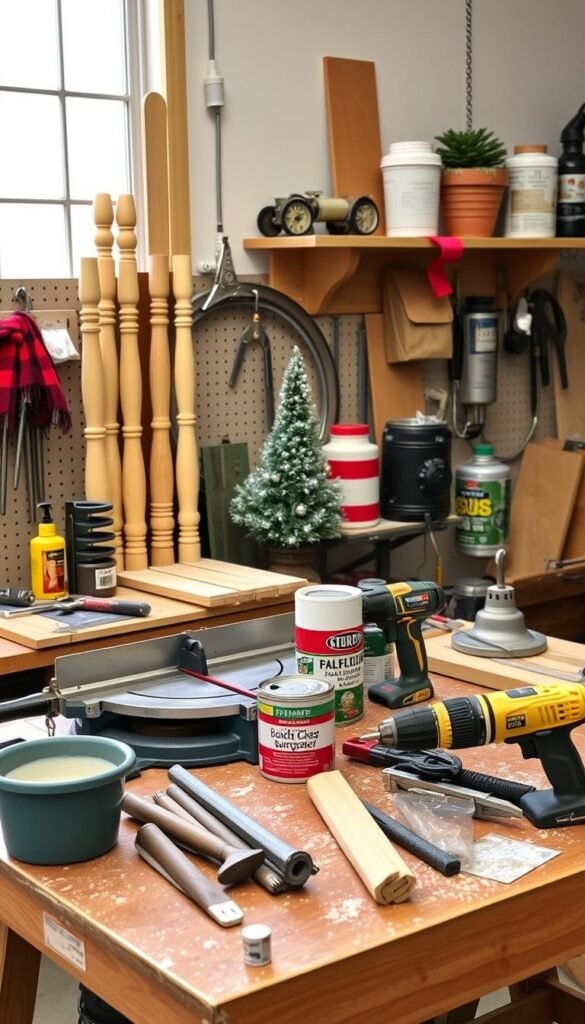Create an image of a workbench with various tools and materials for a DIY outdoor Christmas tree project, including wooden balusters, a mitre saw, sandpaper, outdoor paint, and a drill. Create an image of a workbench with various tools and materials for a DIY outdoor Christmas tree project, including wooden balusters, a mitre saw, sandpaper, outdoor paint, and a drill.