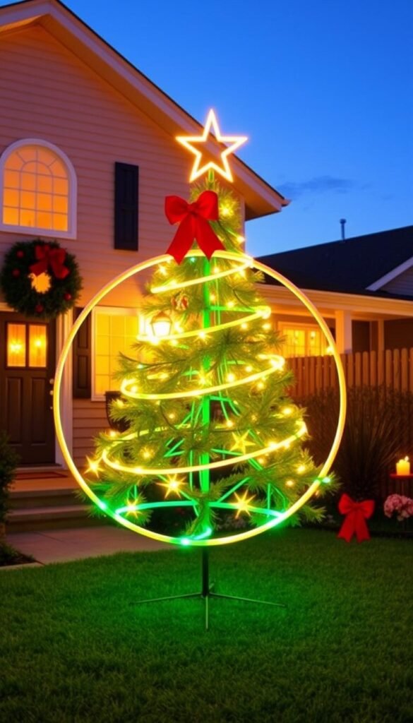 Envision a hula hoop transformed into a lighted Christmas tree, standing in a front yard. Envision a hula hoop transformed into a lighted Christmas tree, standing in a front yard.