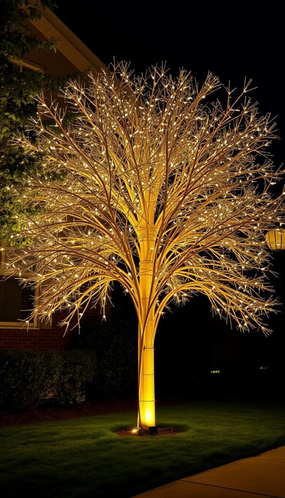 Envision a metal frame light-up tree standing in a front yard, shining brightly. Envision a metal frame light-up tree standing in a front yard, shining brightly.