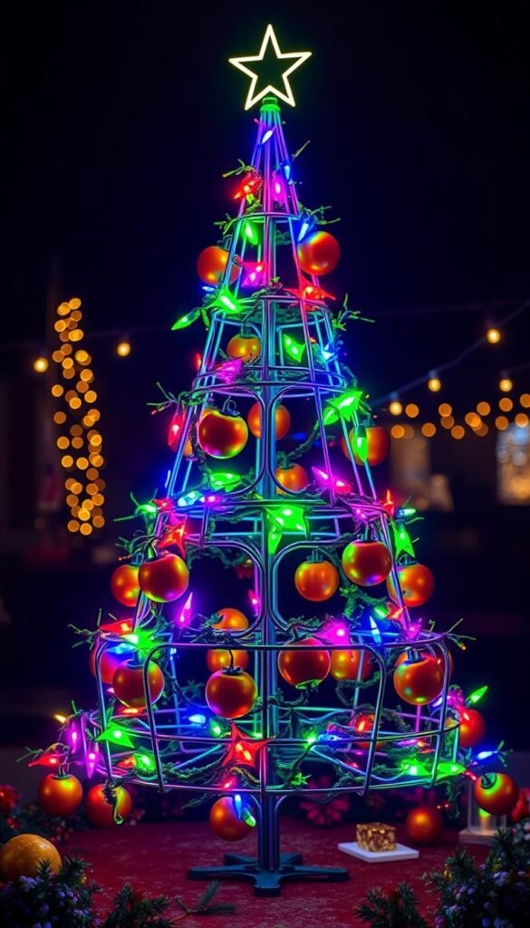 Envision a tomato cage transformed into a Christmas tree, decorated with lights and ornaments. Envision a tomato cage transformed into a Christmas tree, decorated with lights and ornaments.