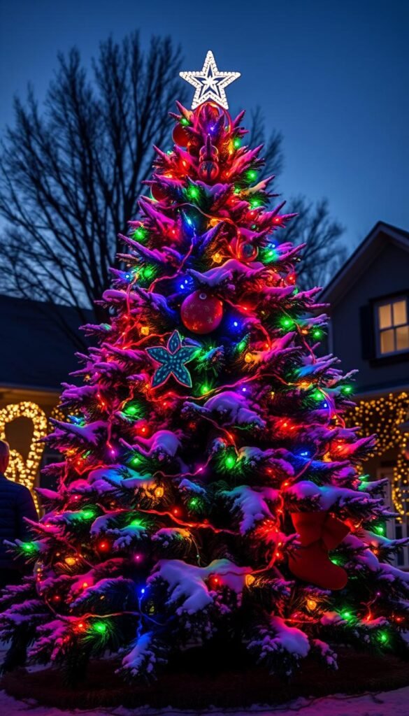 Generate an image of LED Christmas lights wrapped around an outdoor Christmas tree Generate an image of LED Christmas lights wrapped around an outdoor Christmas tree