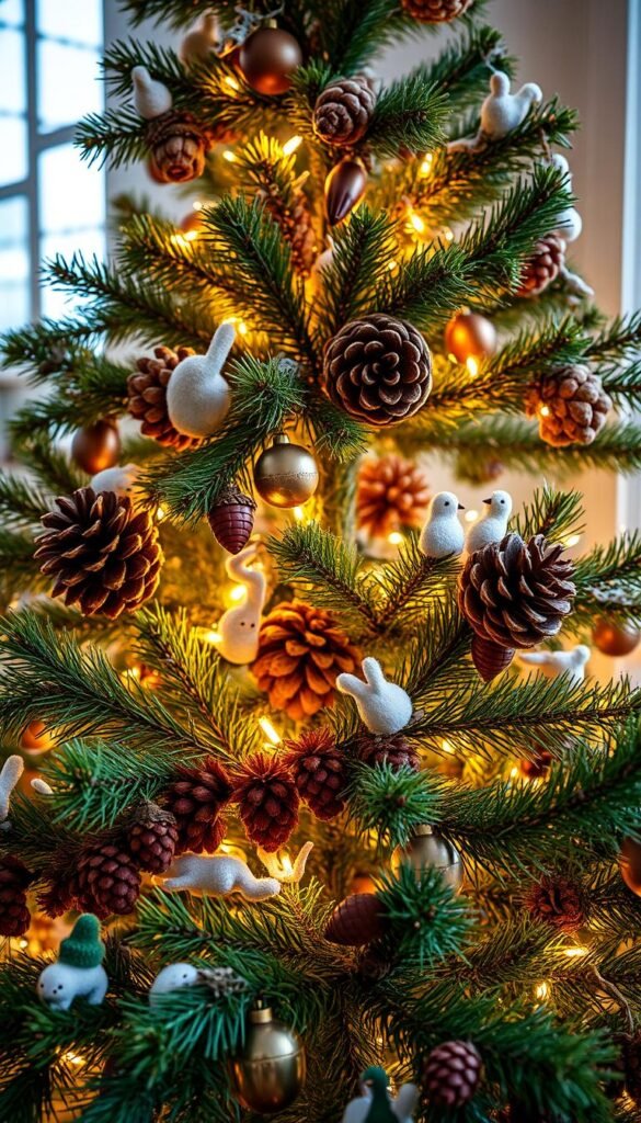 Generate an image of a Christmas tree decorated with natural elements like pinecones, acorns, and forest creatures. Generate an image of a Christmas tree decorated with natural elements like pinecones, acorns, and forest creatures.