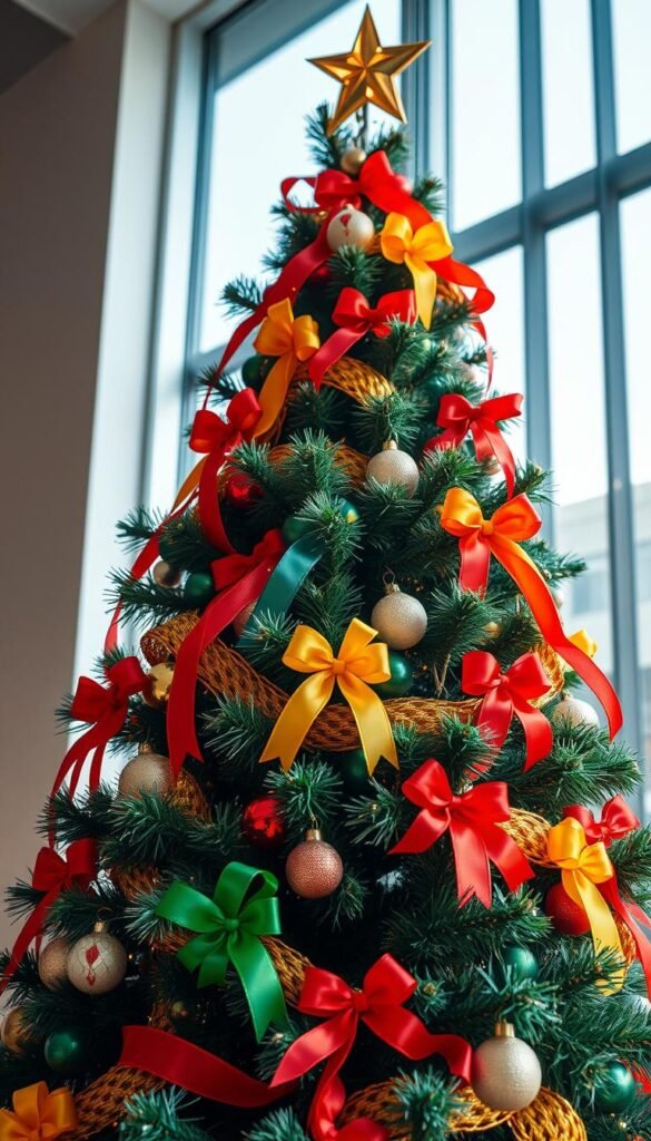Generate an image of a Christmas tree draped with red, yellow, and green ribbons. Generate an image of a Christmas tree draped with red, yellow, and green ribbons.
