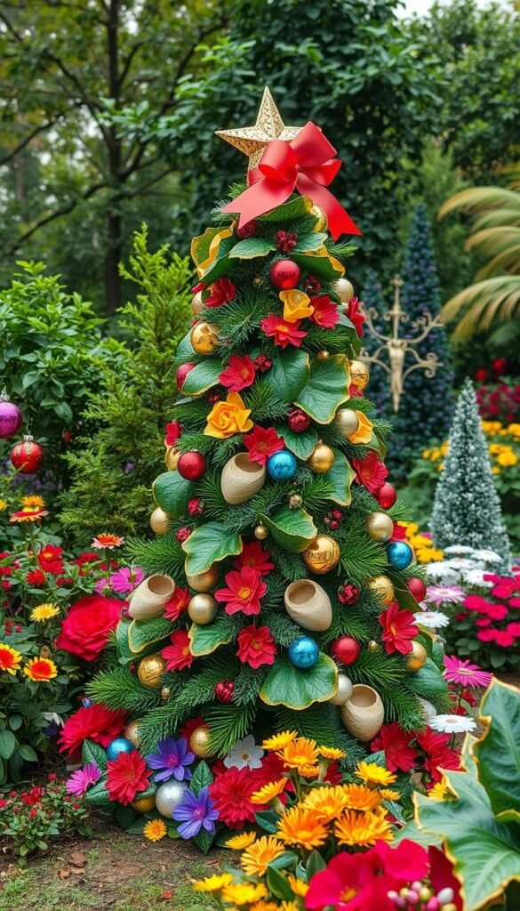 Generate an image of a Christmas tree made from recycled materials, standing in a garden. Generate an image of a Christmas tree made from recycled materials, standing in a garden.