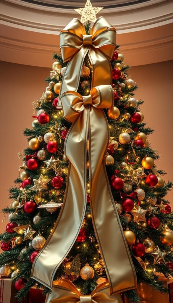 Generate an image of a Christmas tree with an oversized bow draped elegantly down its branches. Generate an image of a Christmas tree with an oversized bow draped elegantly down its branches.