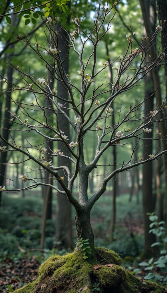 Generate an image of a branch and twig natural tree standing in a forest setting, decorated with natural elements. Generate an image of a branch and twig natural tree standing in a forest setting, decorated with natural elements.