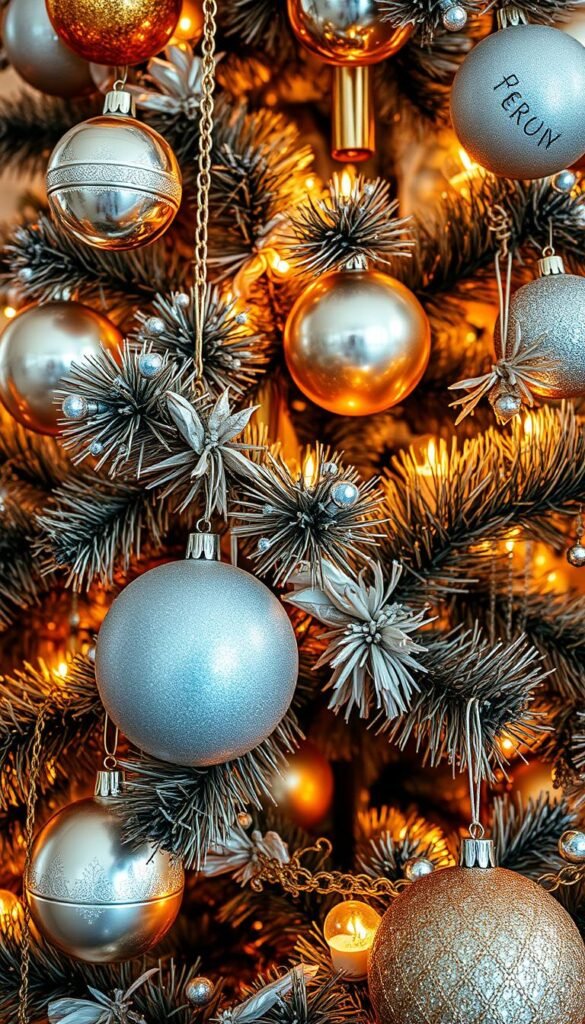 Generate an image of a luxurious Christmas tree with gold and silver ornaments. Generate an image of a luxurious Christmas tree with gold and silver ornaments.