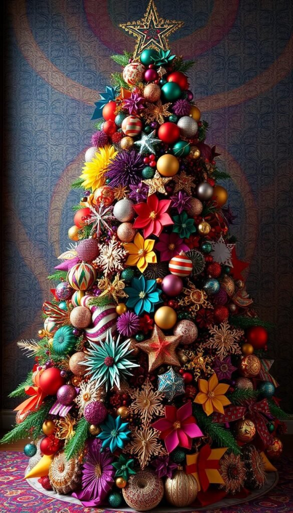 Generate an image of a maximalist Christmas tree with a rich mix of colors, patterns, and textures. Generate an image of a maximalist Christmas tree with a rich mix of colors, patterns, and textures.