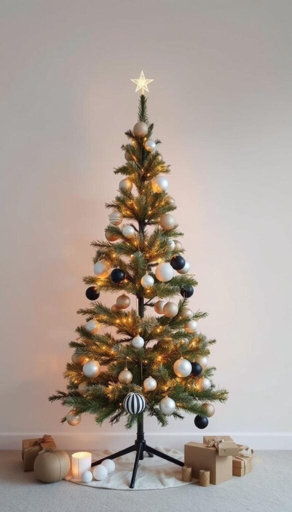 Generate an image of a minimalist Christmas tree with clean lines, simple ornaments, and twinkle lights. Generate an image of a minimalist Christmas tree with clean lines, simple ornaments, and twinkle lights.