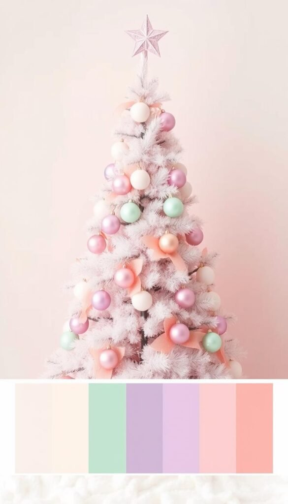 Generate an image of a pastel-colored Christmas tree with blush pinks, mint greens, and lavender purples. Generate an image of a pastel-colored Christmas tree with blush pinks, mint greens, and lavender purples.