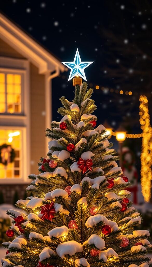 Generate an image of a star-shaped topper on an outdoor Christmas tree Generate an image of a star-shaped topper on an outdoor Christmas tree