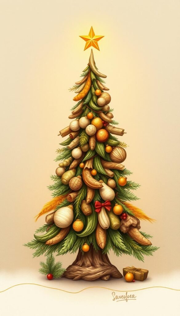 Generate an image of an eco-friendly Christmas tree made from sustainable materials. Generate an image of an eco-friendly Christmas tree made from sustainable materials.