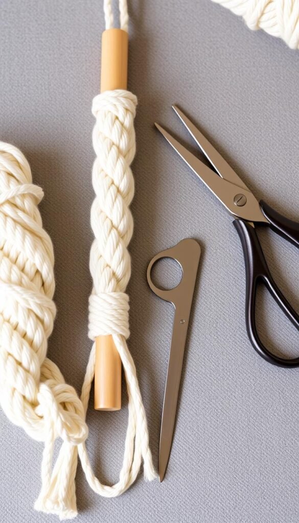 Image of macramé supplies including cotton rope, dowel rod, and scissors Image of macramé supplies including cotton rope, dowel rod, and scissors
