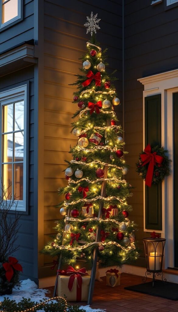 Imagine a ladder Christmas tree display leaning against a house, adorned with lights. Imagine a ladder Christmas tree display leaning against a house, adorned with lights.