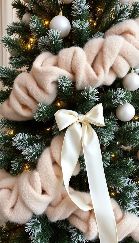 Neutral Christmas tree with wool garland and creamy ribbon Neutral Christmas tree with wool garland and creamy ribbon