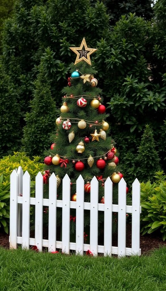 Picture a fence picket Christmas tree standing in a garden, decorated with lights and ornaments. Picture a fence picket Christmas tree standing in a garden, decorated with lights and ornaments.