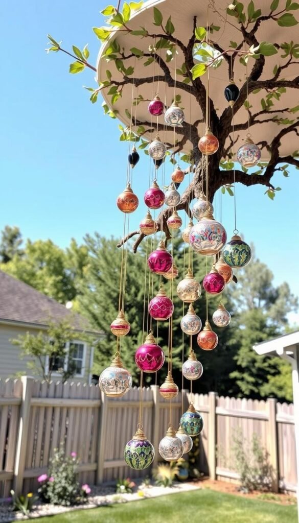 Picture a hanging ornament tree structure appearing to float in a yard, decorated with hanging ornaments. Picture a hanging ornament tree structure appearing to float in a yard, decorated with hanging ornaments.