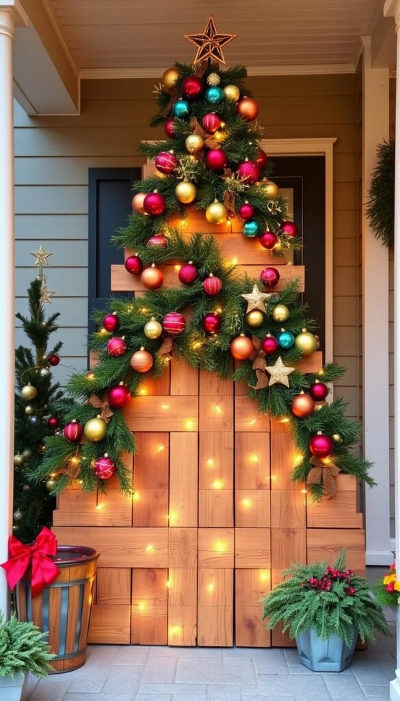 Picture a pallet wood Christmas tree decorated with ornaments and lights on a front porch. Picture a pallet wood Christmas tree decorated with ornaments and lights on a front porch.