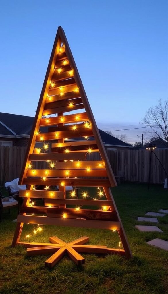 Picture a scrap wood triangle tree standing in a backyard, decorated with lights. Picture a scrap wood triangle tree standing in a backyard, decorated with lights.