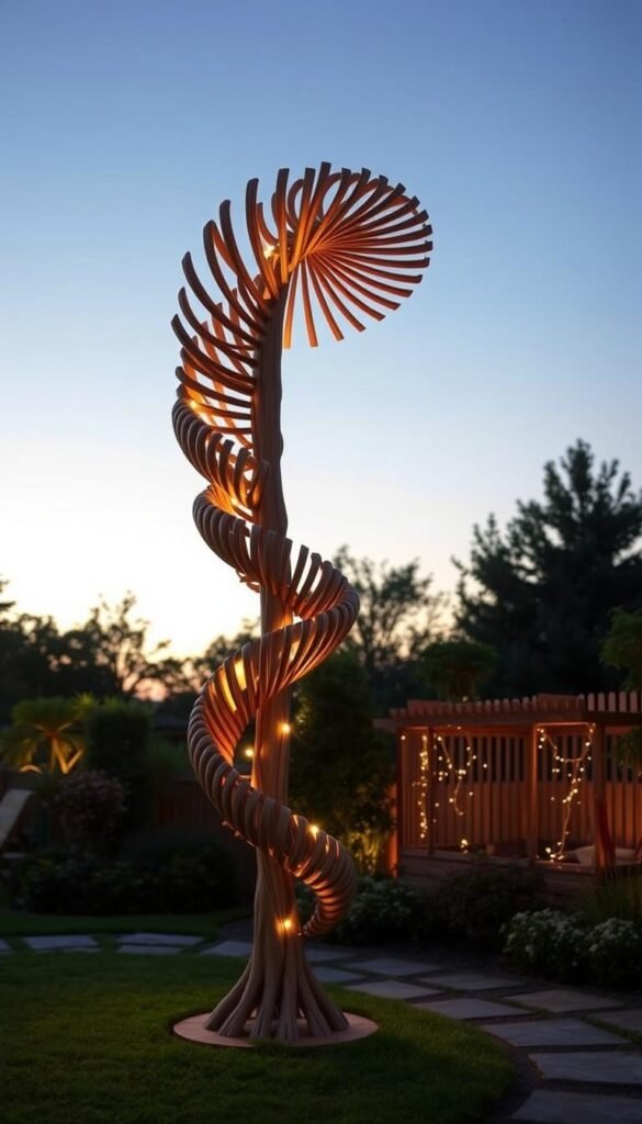 Picture a wooden dowel spiral tree standing in a garden, illuminated by soft lights. Picture a wooden dowel spiral tree standing in a garden, illuminated by soft lights.